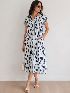 Entro Blue White Abstract Midi Shirt Dress Small Collared Button Front S(2-6)